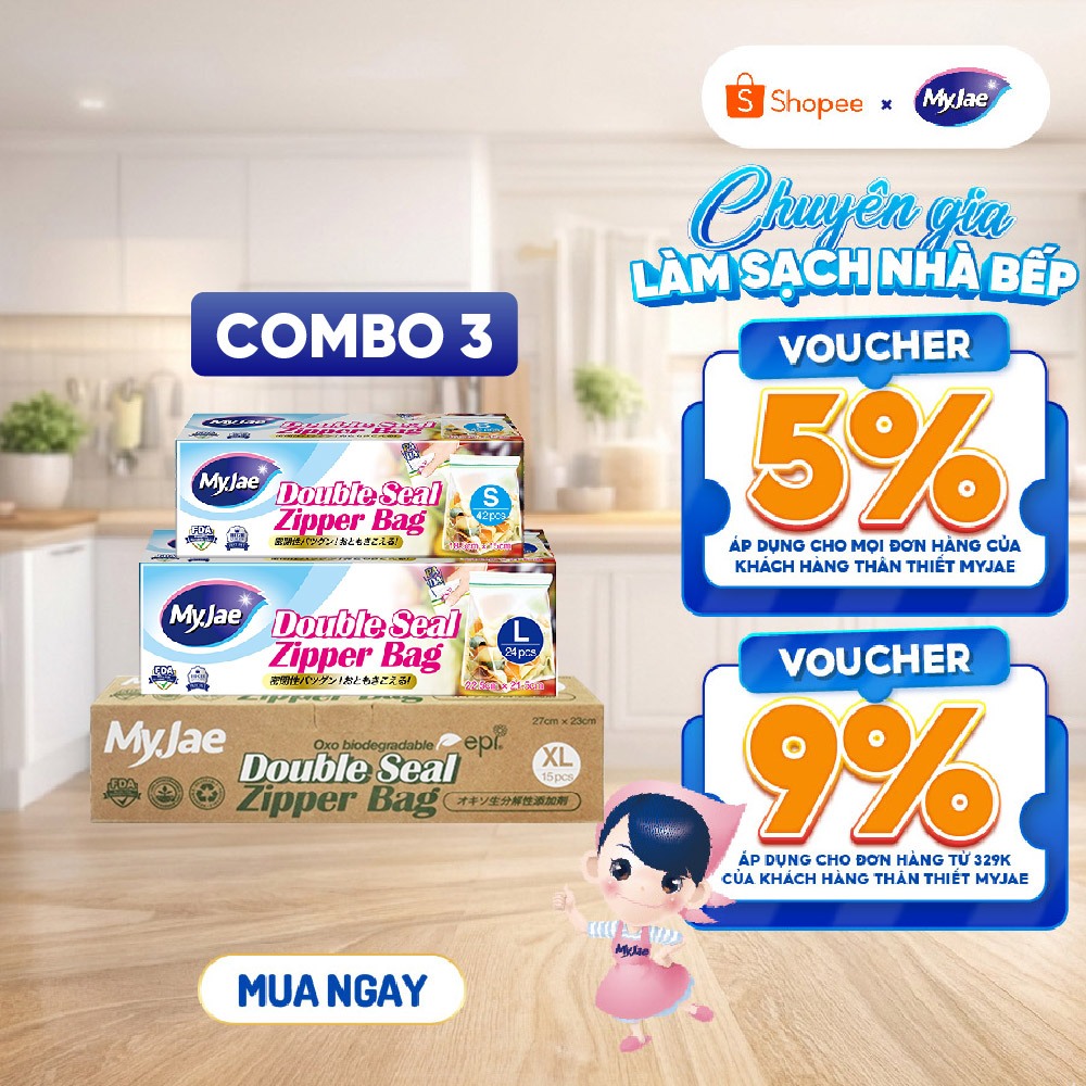 Túi zip đựng thực phẩm hai đường kéo PE MyJae, đáy đứng trong suốt, bảo quản thực phẩm