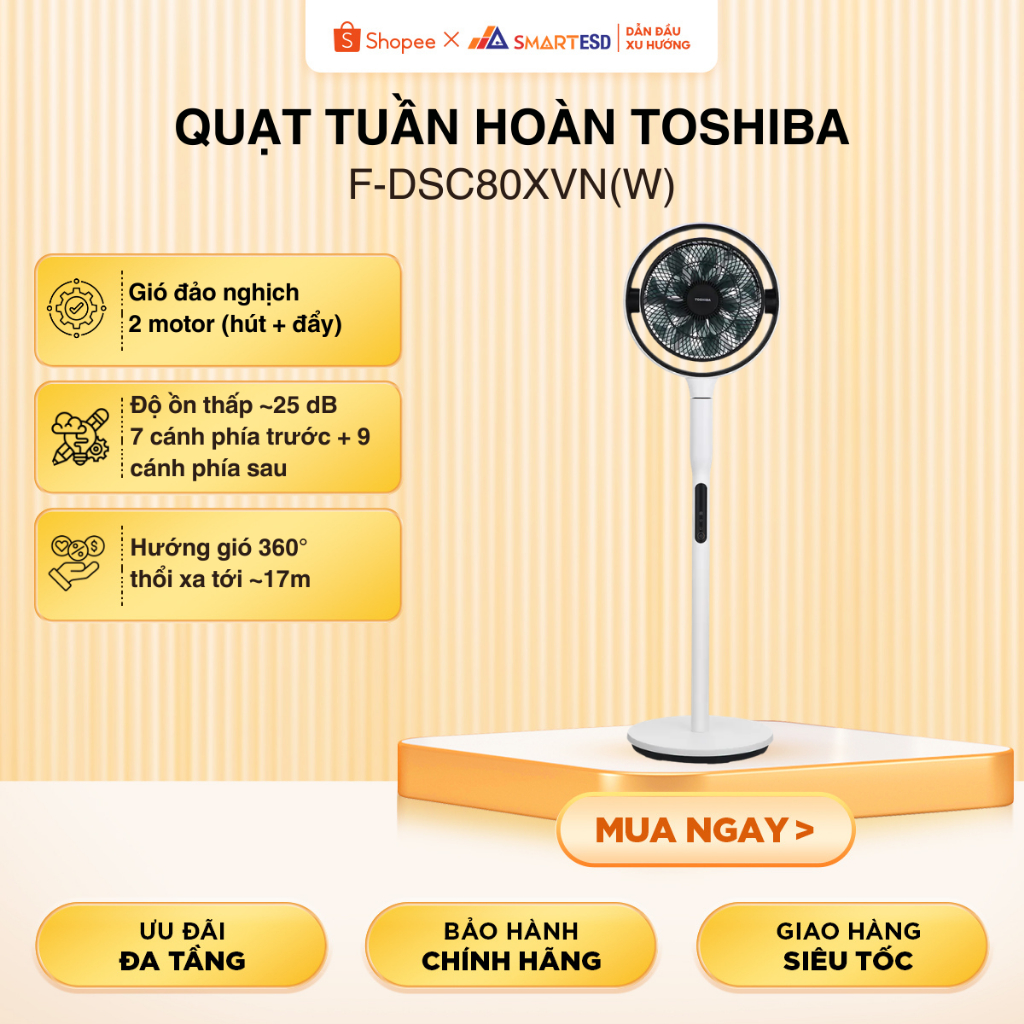 Quạt tuần hoàn Toshiba F-DSC80XVN(W) cánh kép, 7 cánh trước, 9 cánh sau, Động cơ DC | BH 12 tháng