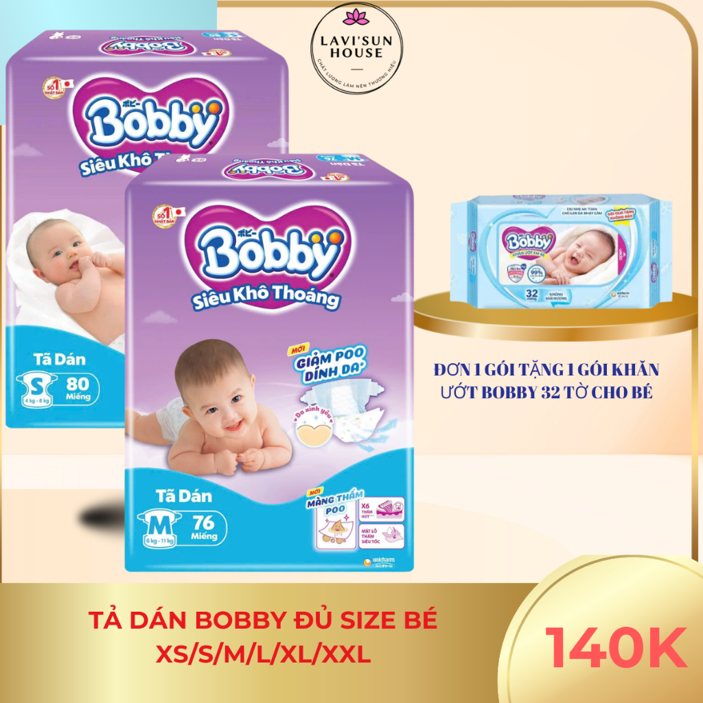 (MỚI)Tã dán Bobby size M 76miếng (6-11kg),S 80miếng (4-8kg)-siêu khô thoáng,thấm hút tốt, lõi nén co