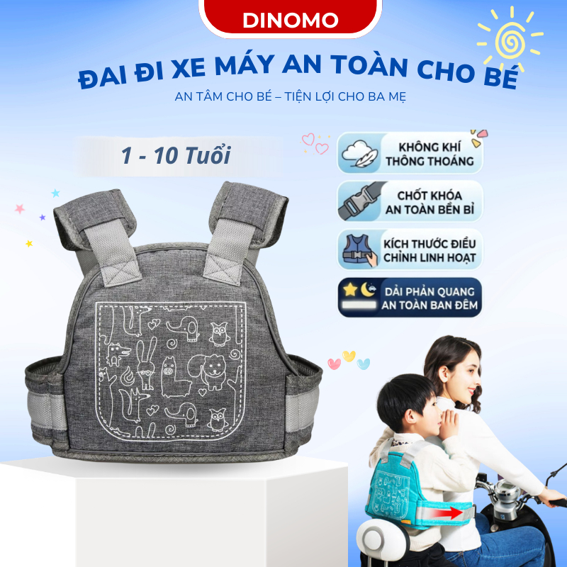 Đai đi xe máy Dinomo an toàn cho bé từ 1-10 tuổi, thiết kế dải phản quang, đệm lưới mềm thoáng khí