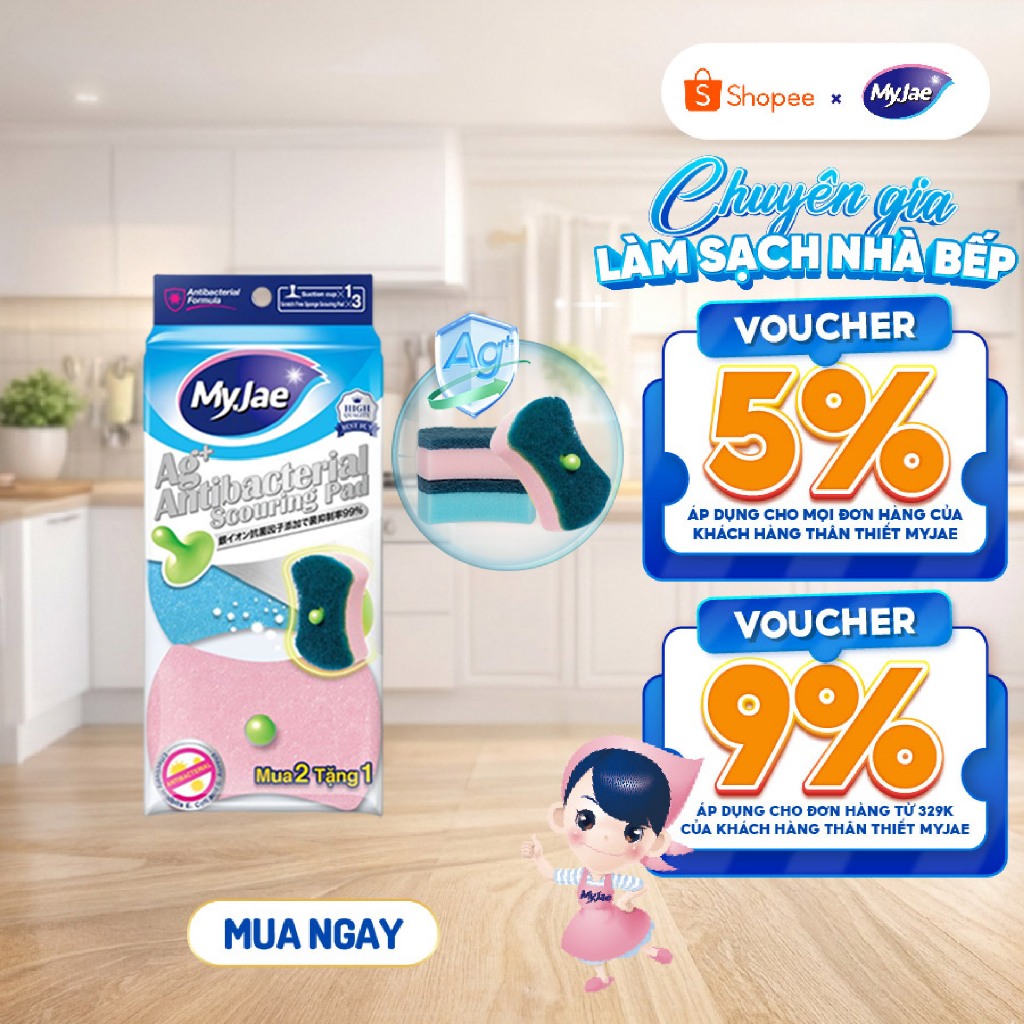 Miếng bọt biển rửa chén kháng khuẩn MyJae an toàn bền bỉ (3 miếng/gói)