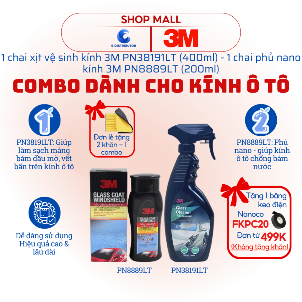 [HỎA TỐC] COMBO 3M - Chai phủ nano kính chống đọng nước mưa & vệ sinh kính lái ô tô [PN38191LT + PN8