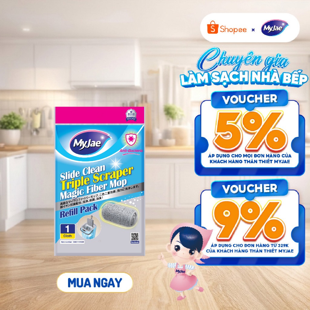 (Chọn Loại) Bông Lau Thay Thế MyJae Sợi Microfiber Dành Cho Cây Lau Nhà Tự Vắt 2 Ngăn 33cm x 12cm