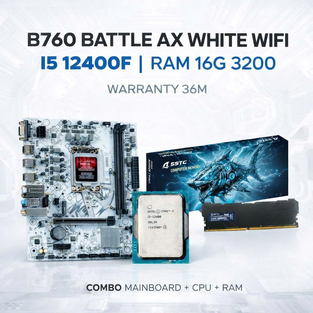Combo Main B760 Battle Ax Colorful Wifi White + CPU I5 12400F + Ram DDR4 16G 3200 bảo hành 36T