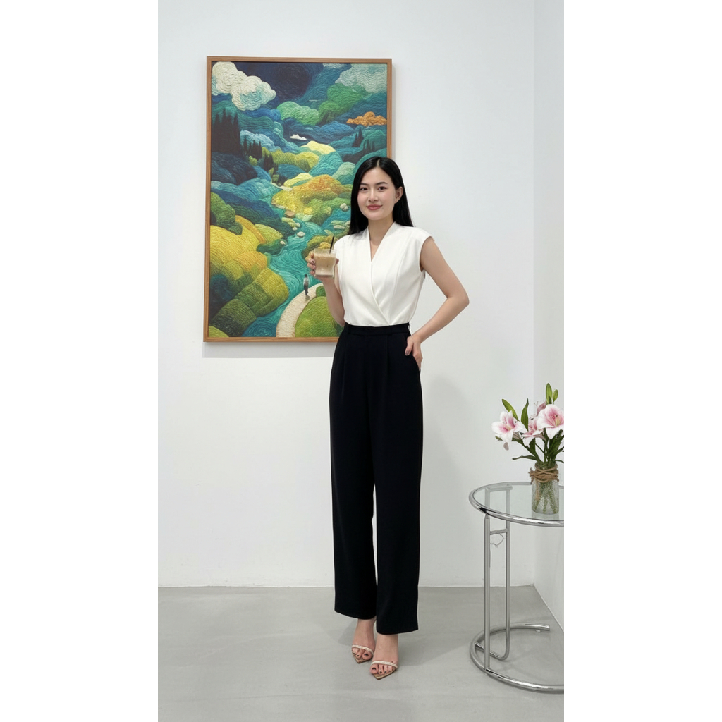 [CHẤT CLOTHING] Set đồ kiểu: Áo không tay cổ trái tim liền quần dài ống đứng thắt nơ eo thanh lịch D