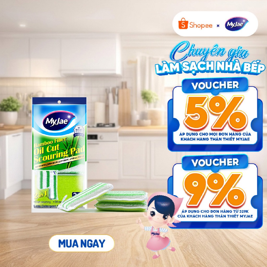 Miếng rửa chén đa năng sợi tre MyJae, miếng rửa chén chống xước 2 mặt, siêu bền đánh bay dầu bẩn