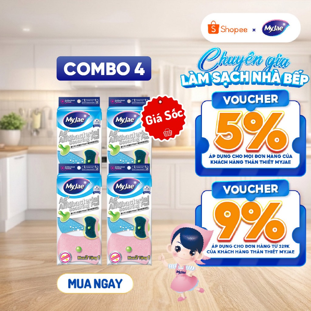 [Võ Hà Linh x MyJae] COMBO 4 Miếng bọt biển rửa chén kháng khuẩn MyJae an toàn bền bỉ