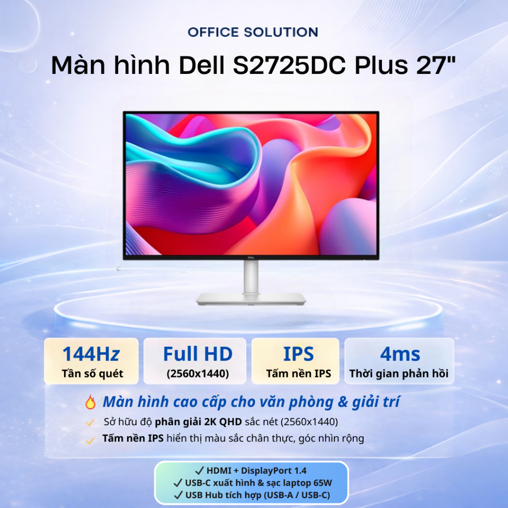 Màn Hình Dell S2725DC Plus 27 Inch 2K QHD IPS 144Hz, USB-C 65W, HDMI + DisplayPort –  Hàng Chính Hãn