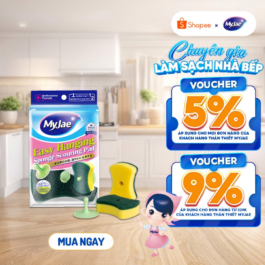 Miếng bọt biển rửa chén MyJae 2 mặt, mút xốp rửa bát đa năng kèm miếng nhựa hít kê (2 miếng/gói)