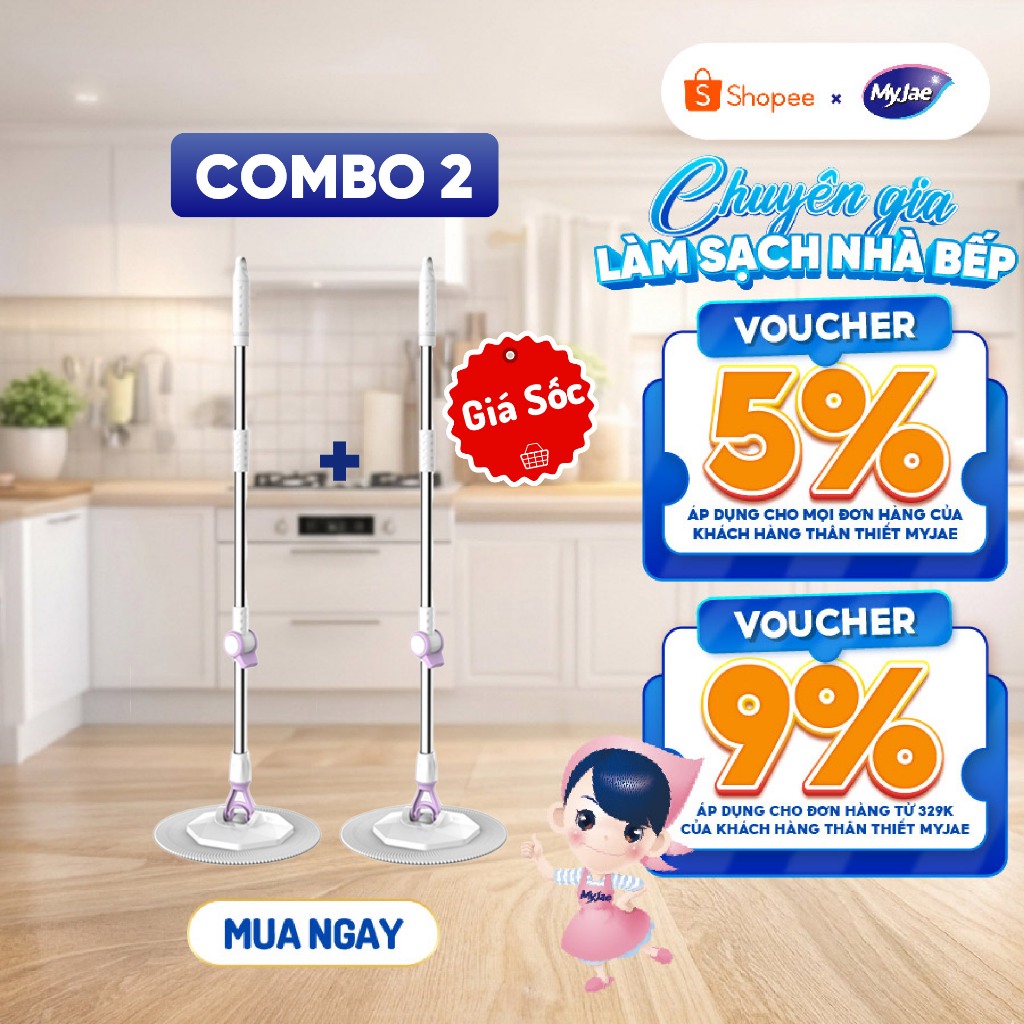 COMBO 2 Cây Lau Nhà Đơn MyJae Sợi Microfiber Xoay 360 Độ
