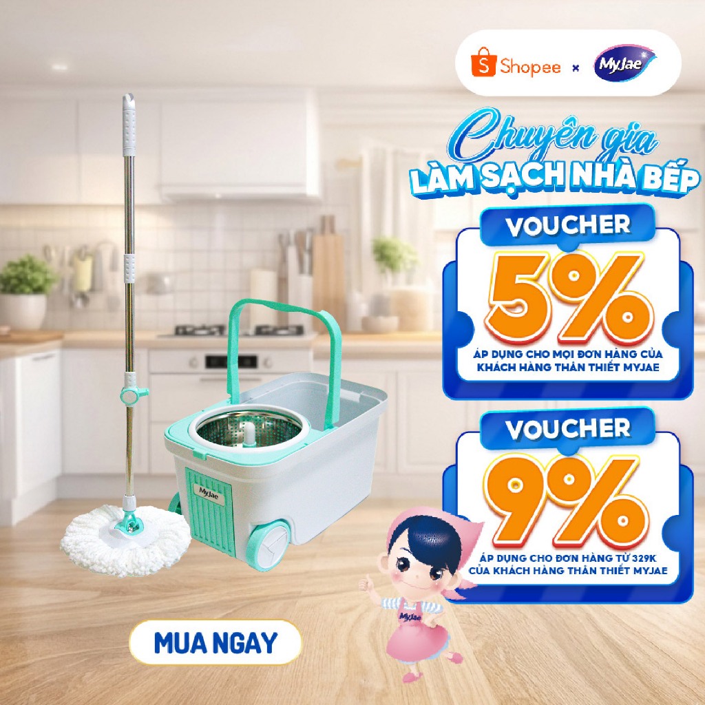Cây lau nhà xoay siêu tốc MyJae Đài Loan kèm thùng xoay 360 độ thông minh lau sạch