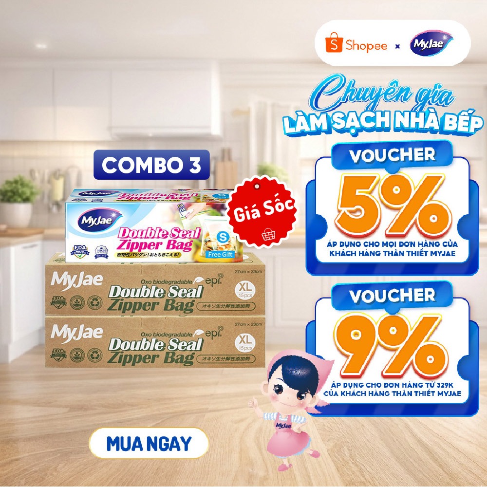 Combo 3 HỘP SIZE 2XL+1S Túi Zip PE Trong Suốt 2 Đường Kéo MyJae, Túi Bọc Đồ Ăn