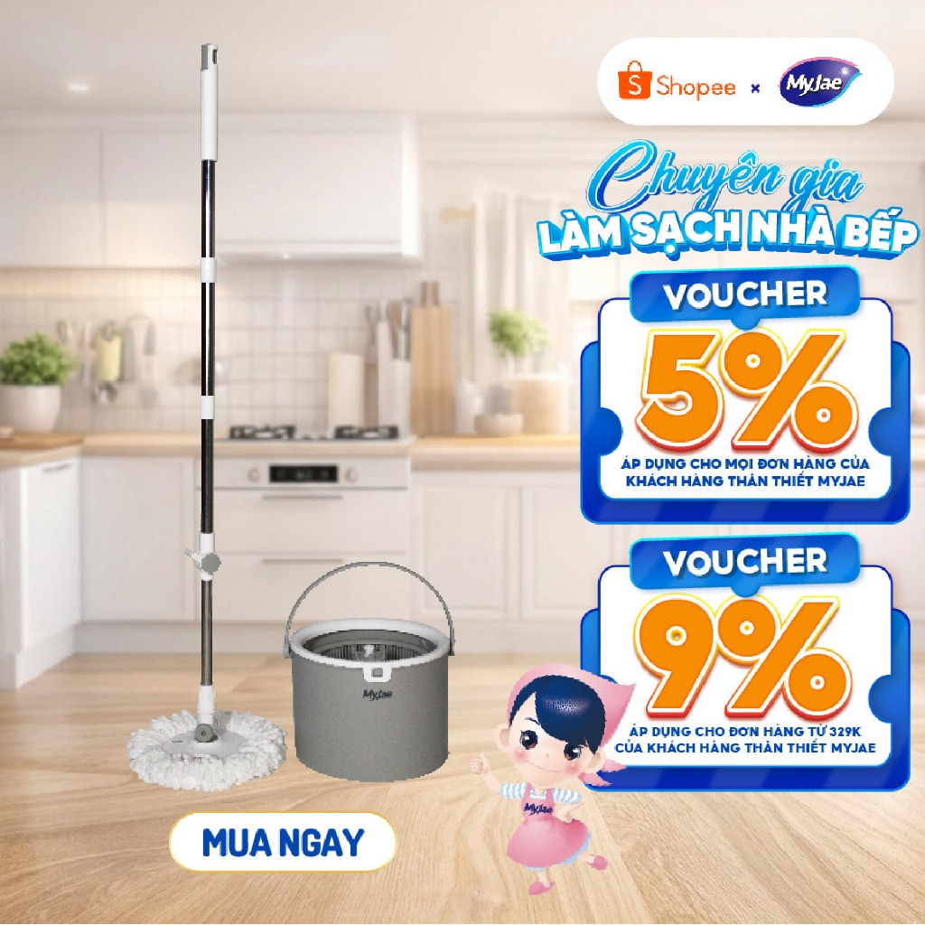 [Võ Hà Linh x MyJae] Bộ Lau Nhà Tròn MyJae Tiện Lợi Thông Minh Giặt Vắt 2 Trong 1