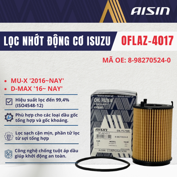 [OFLAZ-4017] Lọc nhớt động cơ cho xe ISUZU MU-X 2016~NAY, D-MAX 2016~ nay