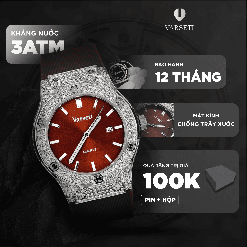 Đồng hồ đeo tay nam, đồng hồ Varseti Đồng hồ đeo tay nam thiết kế tối giản vỏ thép không gỉ khóa chữ H đính đá - M129