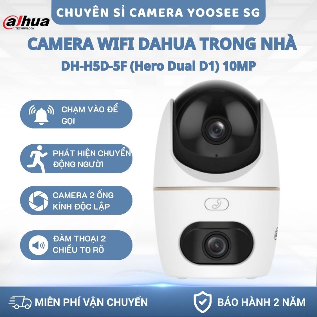 Camera Wifi Dahua Trong Nhà DH-H5D-5F 10MP, 2 Mắt Kép Xem 2 Màn Hình, Xoay 360 Độ, Chạm Để Gọi Tiện 