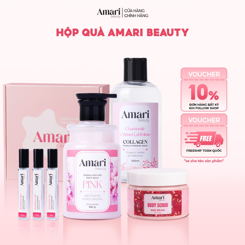 Hộp Quà Full Size Amari Beauty Dung Dịch Vệ Sinh 400ml + Sữa Tắm 550gr + Tẩy Tế Bào Chết 285gr + Nướ
