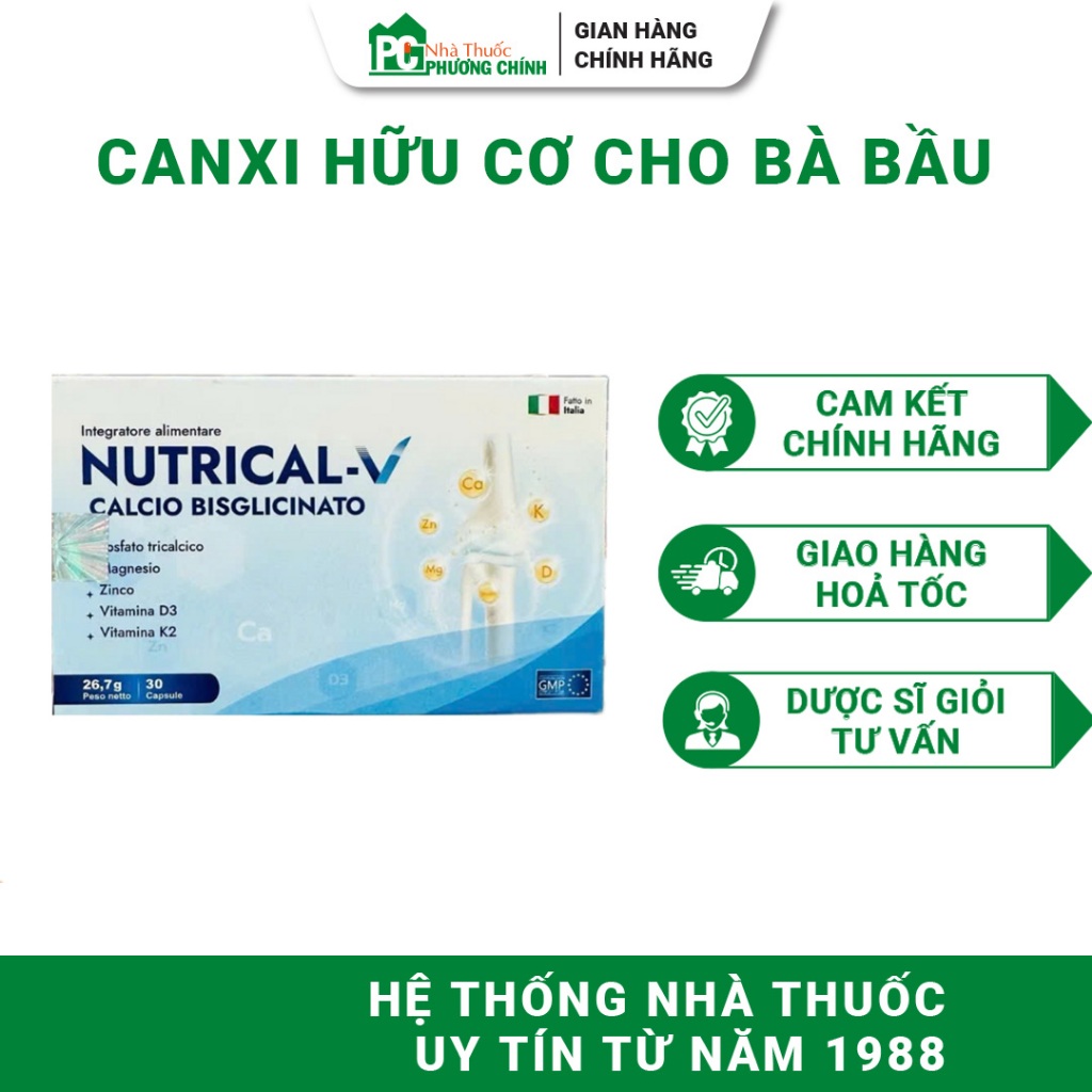 Canxi Hữu Cơ Cho Bà Bầu Nutrical V - Bổ Sung Calci, Vitamin D3, K2, Magie, Kẽm 30 Viên/Hộp