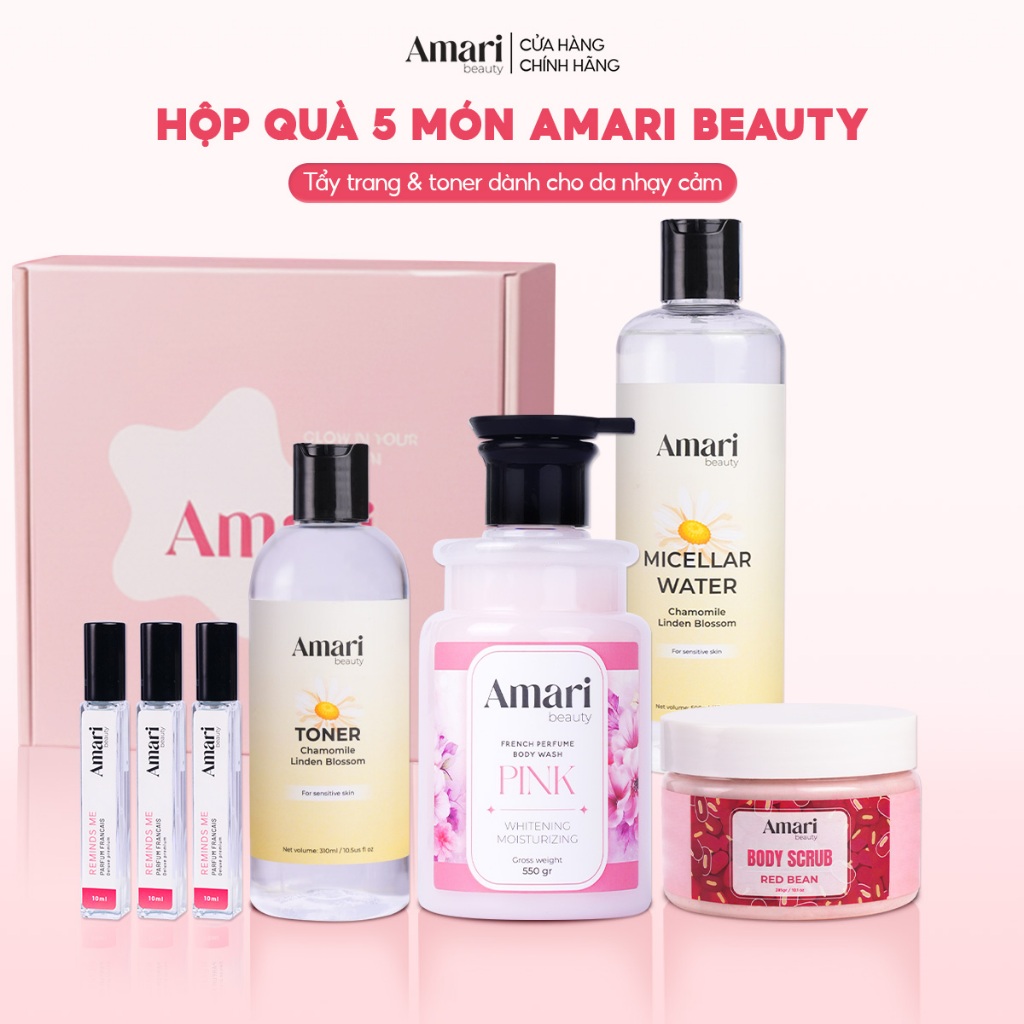 Hộp Quà 5 Món Amari Beauty Sữa Tắm 550gr + Tẩy Tế Bào Chết Hạt 285gr + Tẩy Trang 500ml + Toner BHA 3