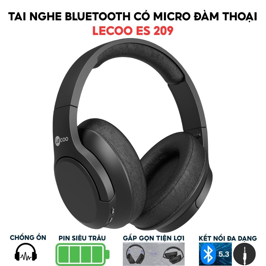 Tai Nghe Chụp Tai Bluetooth Lenovo Lecoo ES209, Có Micro Đàm Thoại, Pin Lâu, Gập Gọn, Hỗ Trợ Jack 3.