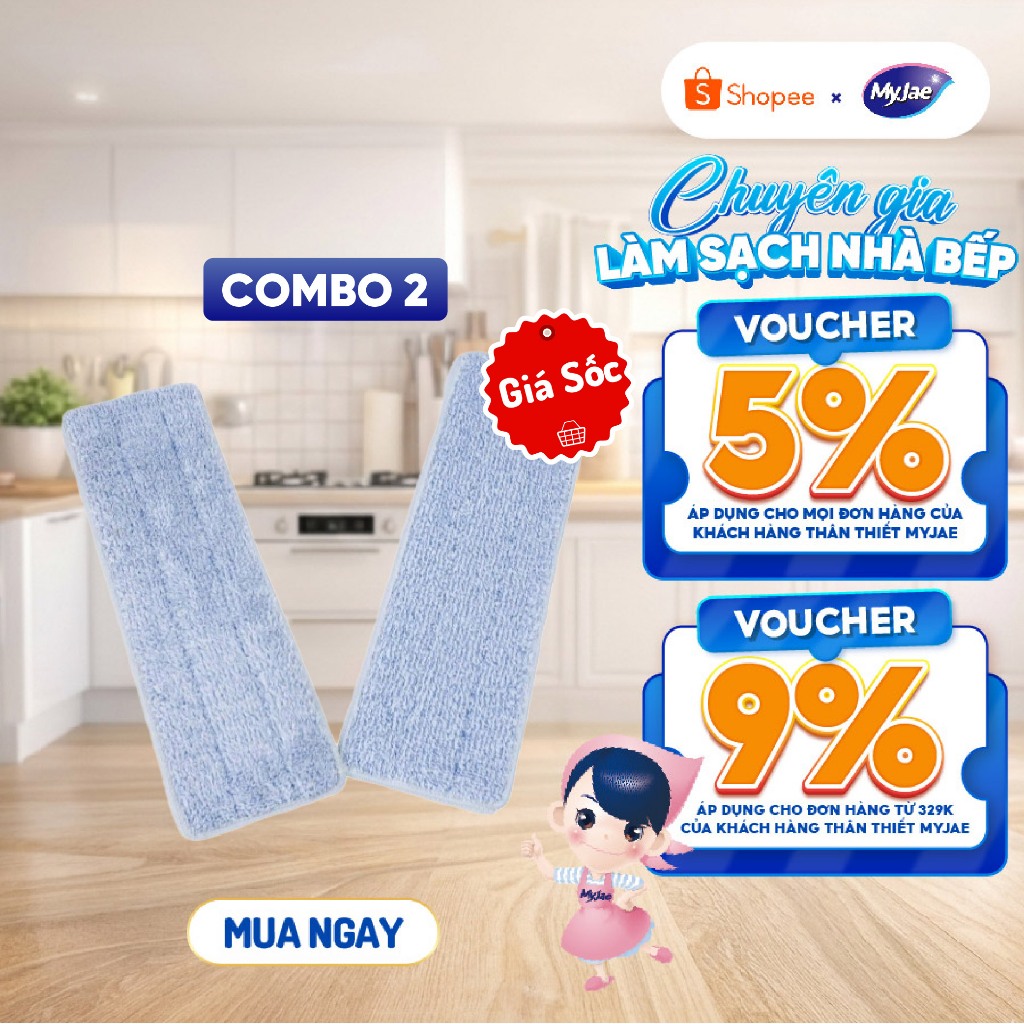 Bông Lau Thay Thế Cây Lau Nhà MyJae Đài Loan Sợi Polyester Kéo Vắt Thông Minh 360 Độ 125 cm