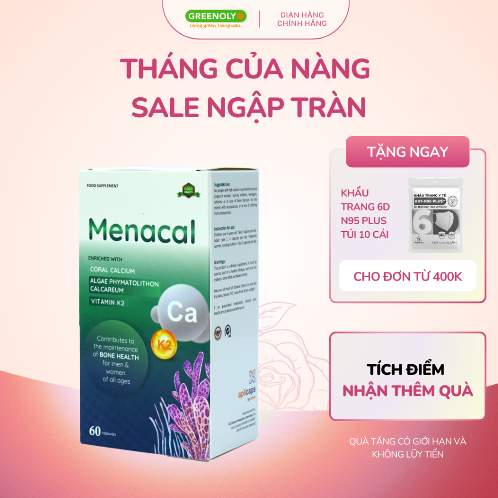 Viên uống Canxi EU tảo biển Aplicaps Menacal bổ sung Canxi, vitamin K2 và D3 hộp 60 viên