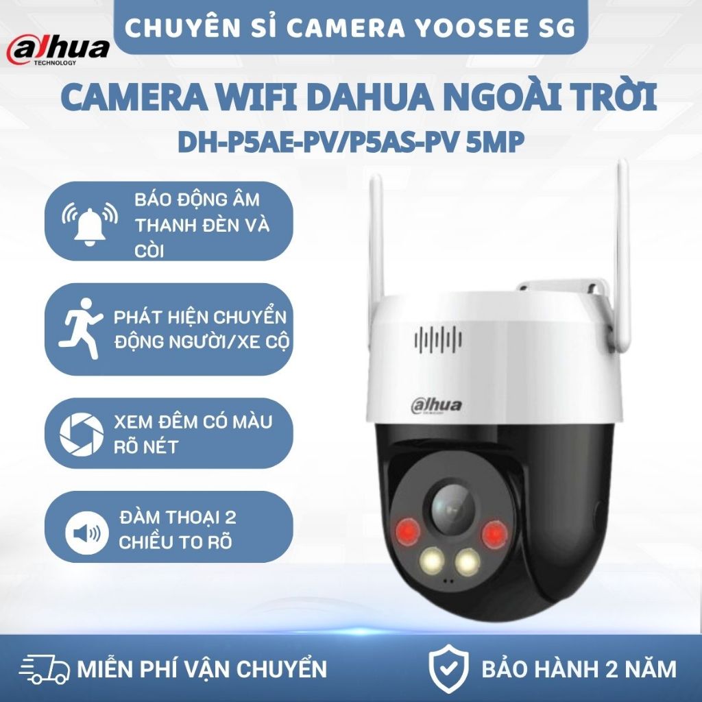 Camera Wifi Dahua Ngoài Trời DH-P5AE-PV/P5AS-PV 5MP, Chống Nước, Đàm Thoại 2 Chiều, Hỗ Trợ Thẻ Nhớ L