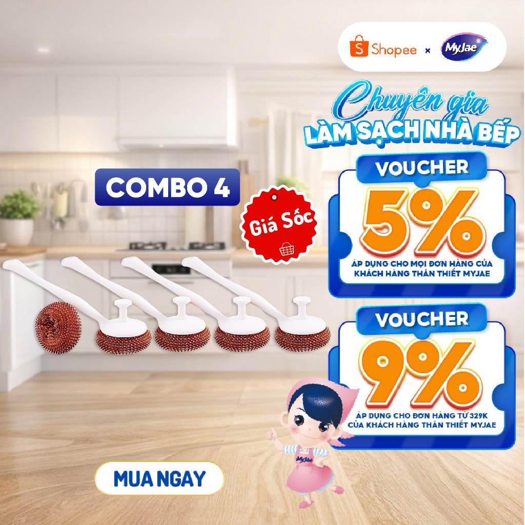 COMBO 4 Chổi Cọ Xoong Nồi Kèm 2 Miếng Cọ Nồi Đa Năng MyJae