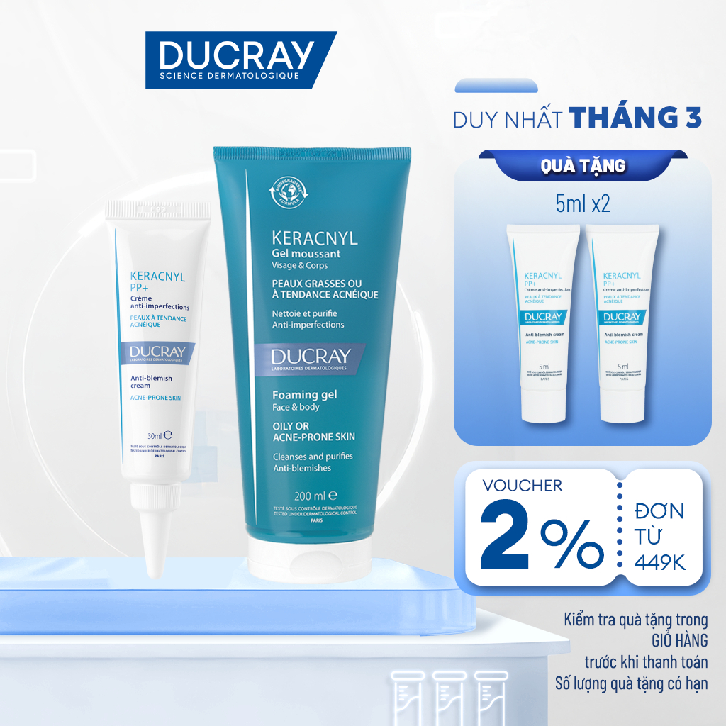 Combo giảm mụn & làm sạch cho da dầu mụn Ducray Keracnyl PP+ Cream 30ml + Gel rửa mặt Keracnyl Foami