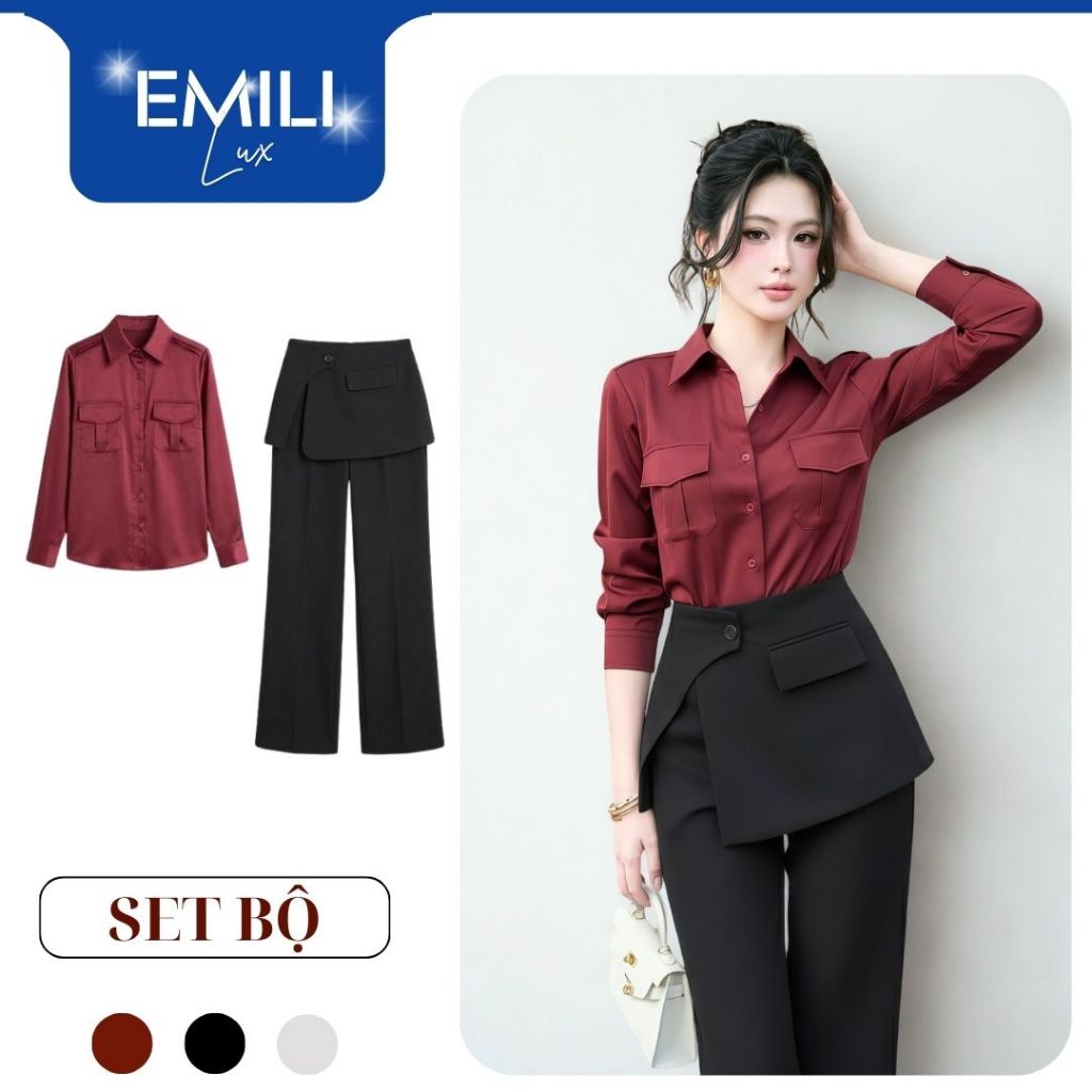 Set Bộ Công Sở Nữ Emili Lux Áo Sơ Mi Mix Quần Tây Cạp cao Kèm Đai Cách Điệu Sang Chảnh B189