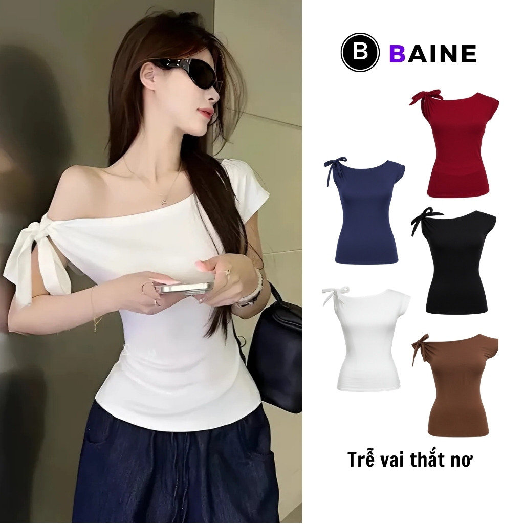 Áo Thun TRỄ VAI THẮT NƠ Mặc Nhiều Kiểu Dáng Dài DD94, Áo Thun Nữ Chất Thun Borip Kiểu Lệch Vai BAINE