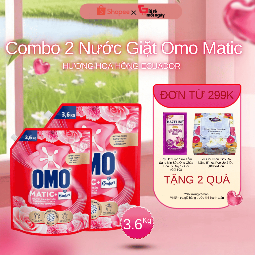 Combo 2 Nước Giặt Omo Matic Cửa Trên Hương Hoa Hồng Ecuador Túi 3,6kg