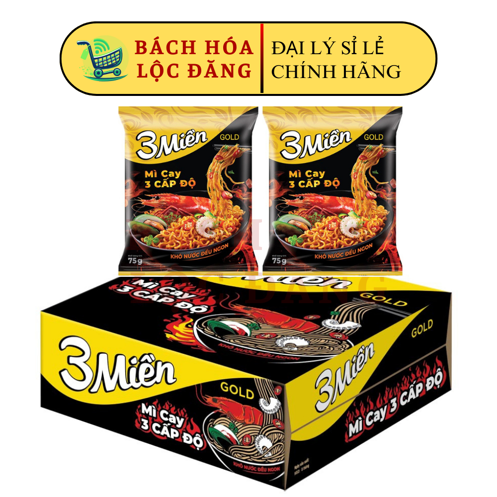Thùng 30 gói mì 3 Miền Gold cay 3 cấp độ gói 75g - Mì 3 miền chua cay 3 cấp độ.