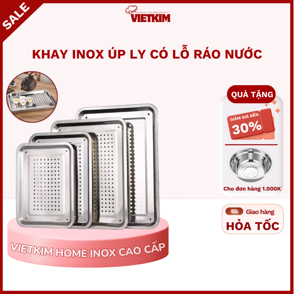 Khay inox úp ly có lỗ ráo nước - mâm trà chữ nhật nhiều kích thước chịu lực tốt