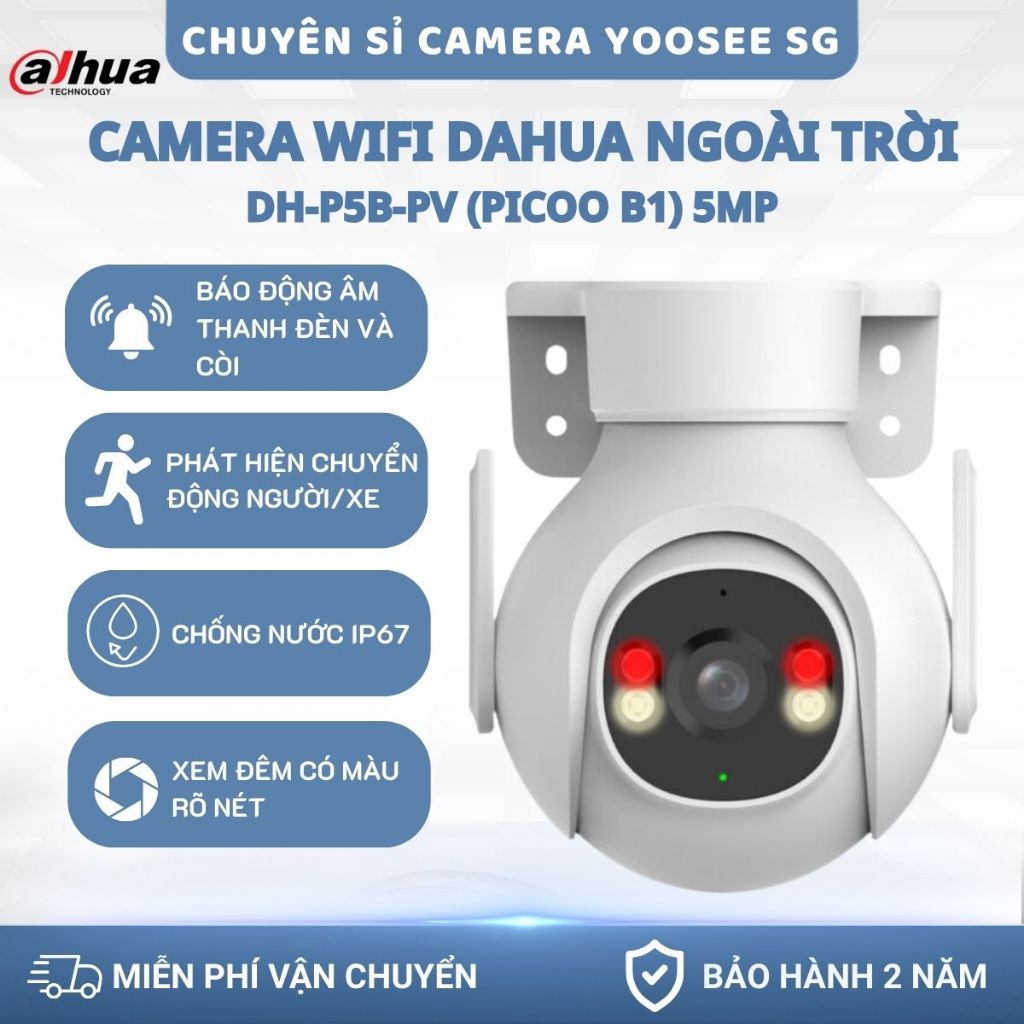 Camera Dahua DH-P5B-PV PICOO B1 5MP, Quay Quét 360, Còi Đèn Chống Trộm, Xem Đêm Có Màu, Chống Nước I
