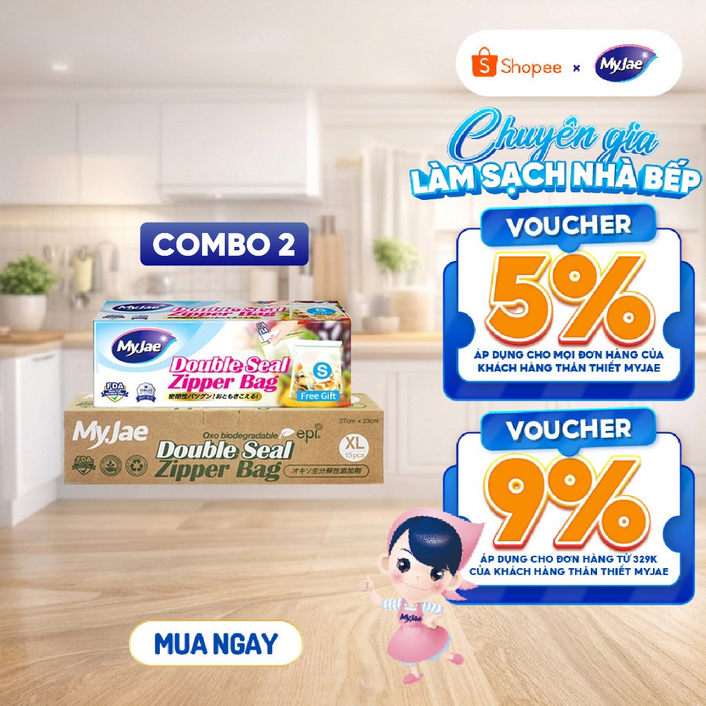 Combo 2 size S+XL Túi Zip PE Trong Suốt 2 Đường Kéo MyJae, Túi Bọc Đồ Ăn, Bảo Quản Tủ Lạnh