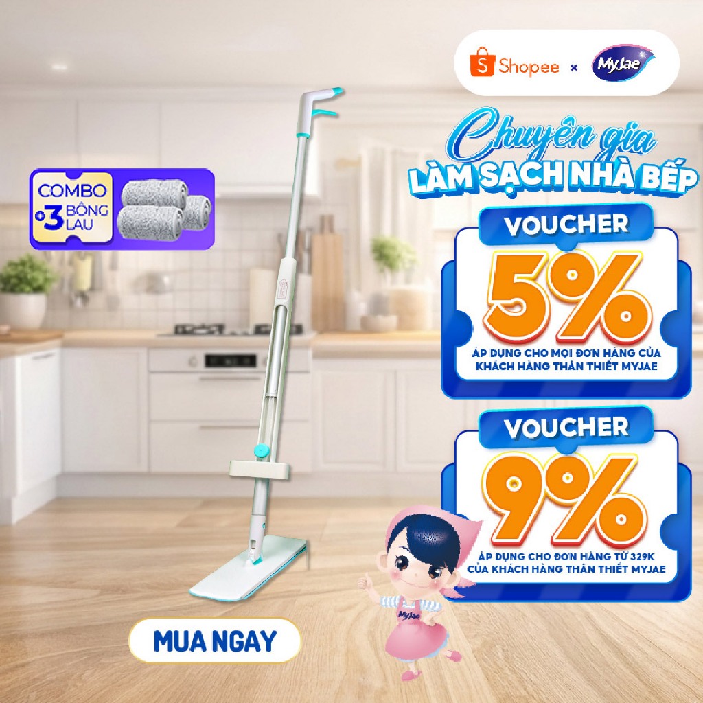 Combo 3 Bông Lau + 1 Cây Lau Nhà MyJae Sợi Microfiber Tự Vắt Phun Sương Xoay 360 Độ Thông Minh 138cm