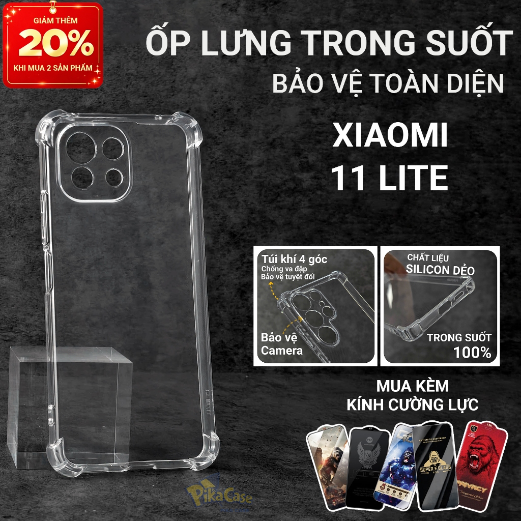 Ốp lưng Xiaomi 11 lite 5G NE Pikacase trơn trong suốt | Ốp điện thoại Xiaomi dẻo bảo vệ camera đt to
