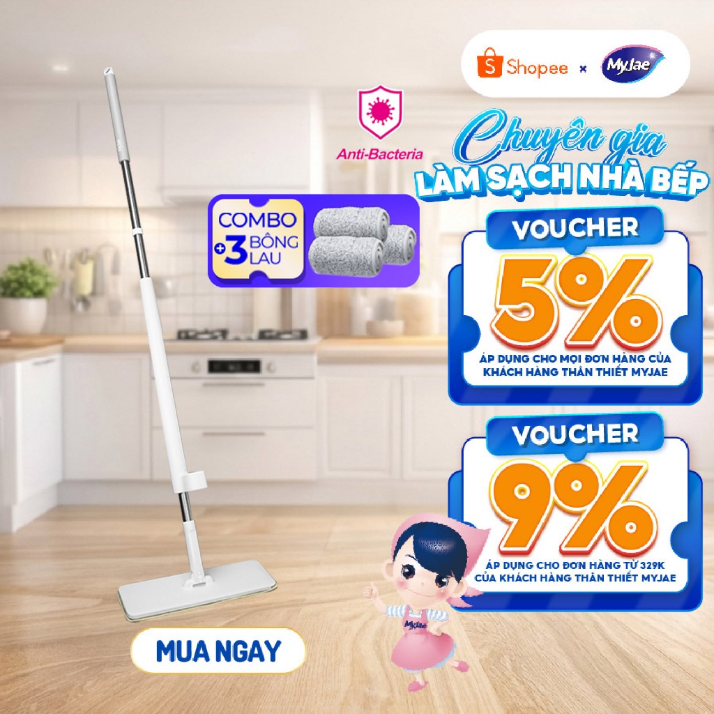Combo 3 Bông Lau + 1 Cây Lau Nhà MyJae Đài Loan Sợi Microfiber Tự Vắt Kháng Khuẩn Ag+ 120cm