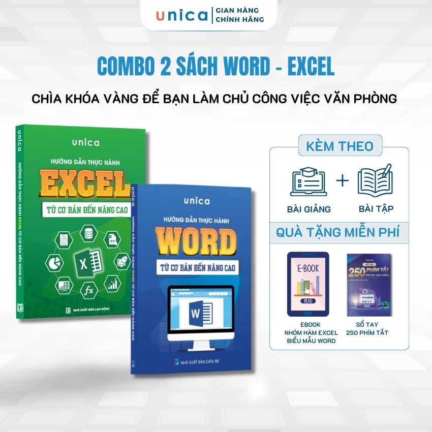 Combo 2 Sách Hướng dẫn thực hành Word - Excel UNICA ứng dụng văn phòng từ cơ bản đến nâng cao