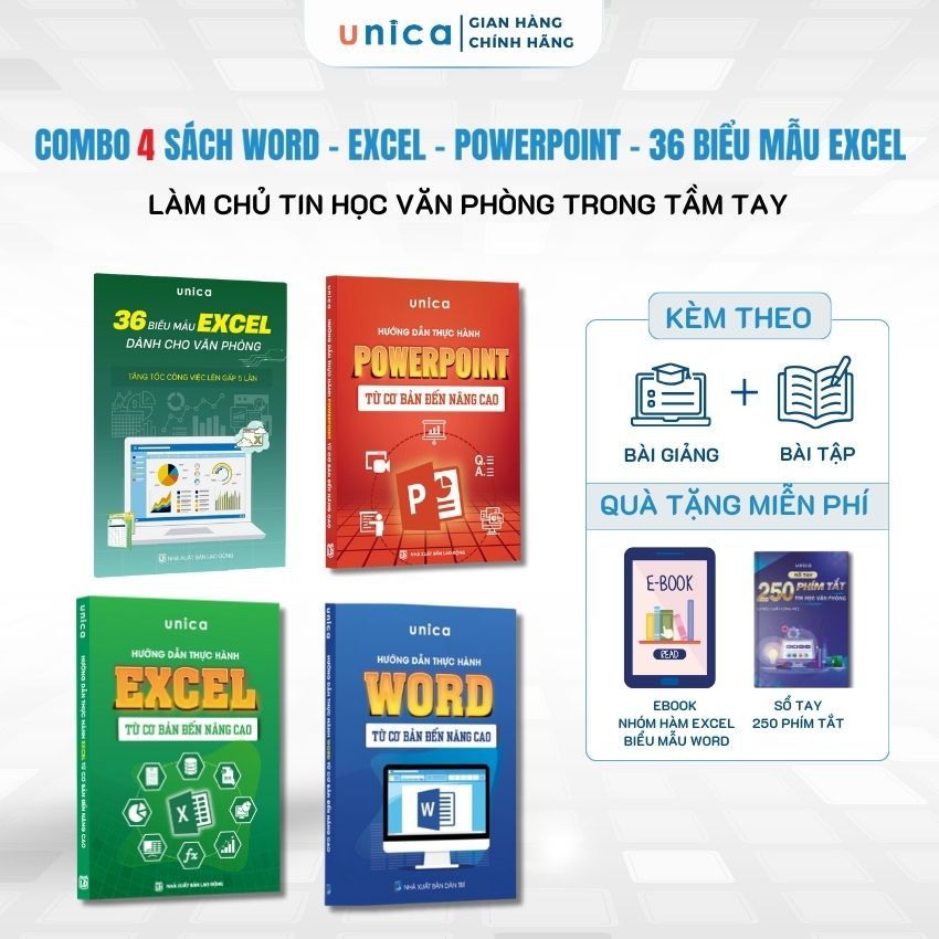 Combo 4 Sách Word - Excel - Powerpoint - 36 Biểu mẫu Excel kèm Video bài giảng & Sổ tay 250 phím tắt