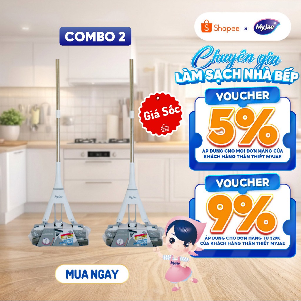 COMBO 2 Cây Lau Nhà Mút Xốp Siêu Thấm Hút Nước PVA MyJae