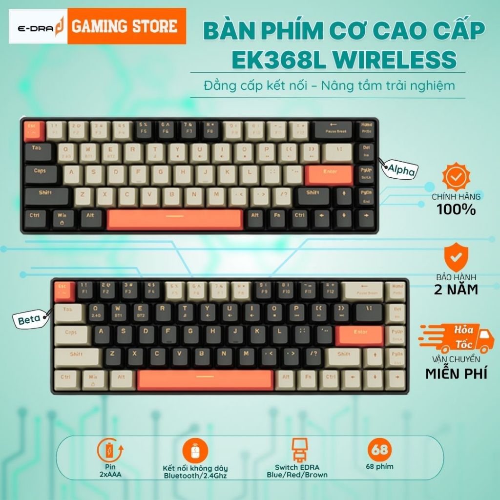 Bàn phím cơ gaming E-DRA EK368L không dây 68 phím - Bảo hành 24 tháng