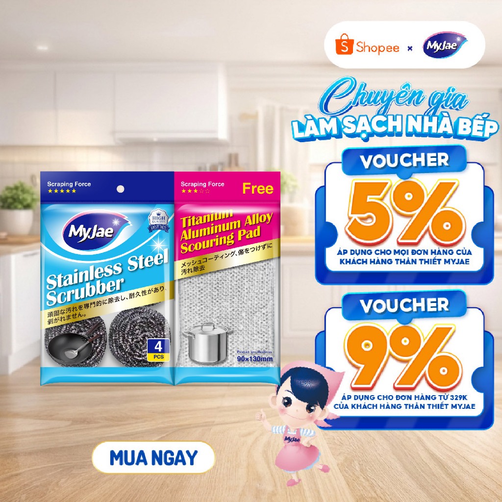 SET 4 Miếng Búi Sắt Cọ Xoong Nồi KÈM Miếng Chà Nồi Đa Năng MyJae