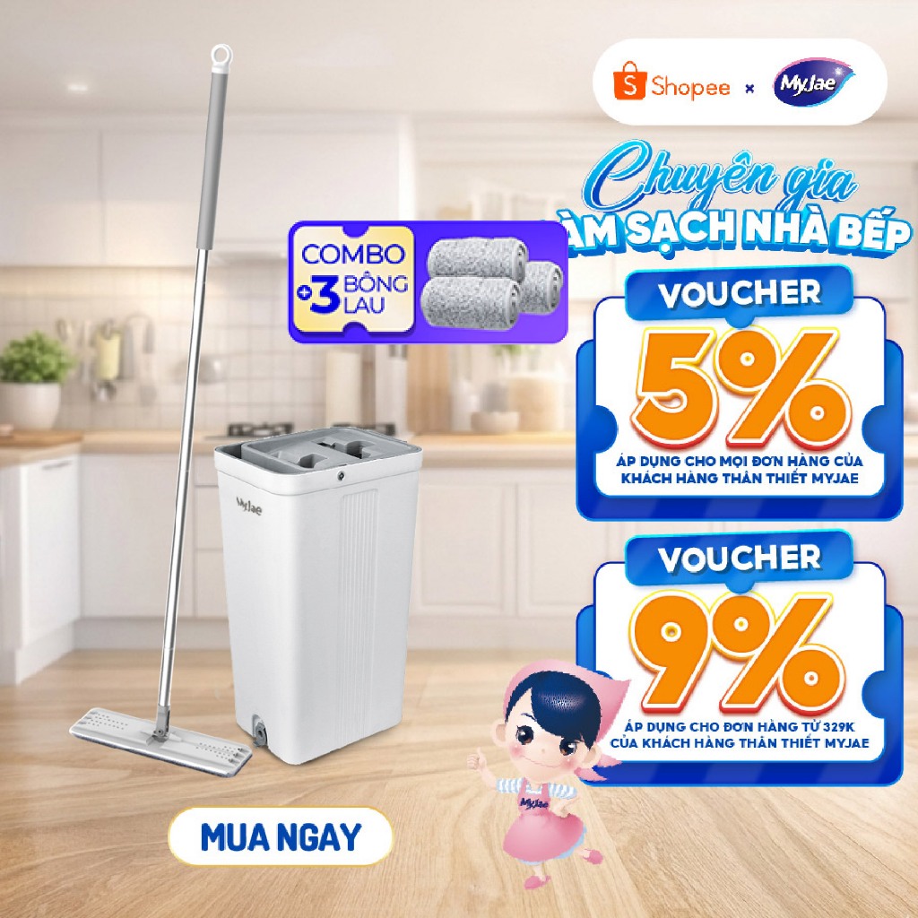 Combo 3 bông lau + 1 cây lau nhà tự vắt kèm thùng 2 ngăn xoay 360 độ thông minh lau sạch nhanh khô M