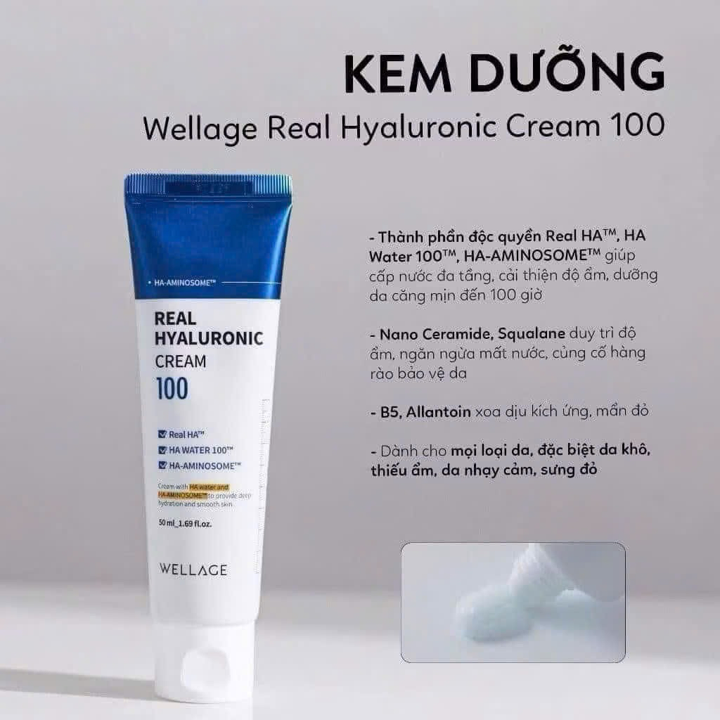 Kem Dưỡng Ẩm Làm Dịu Da,B5 Phục Hồi Wellage Real Hyaluronic 100( date 17/5/2026)