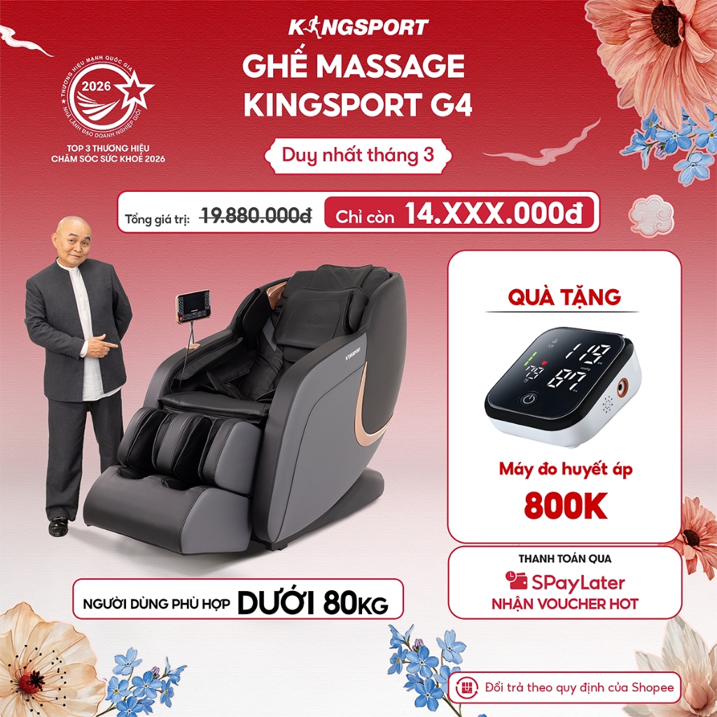 Ghế massage KINGSPORT Standard G4 con lăn di chuyển cổ vai, túi khí massage tay dài