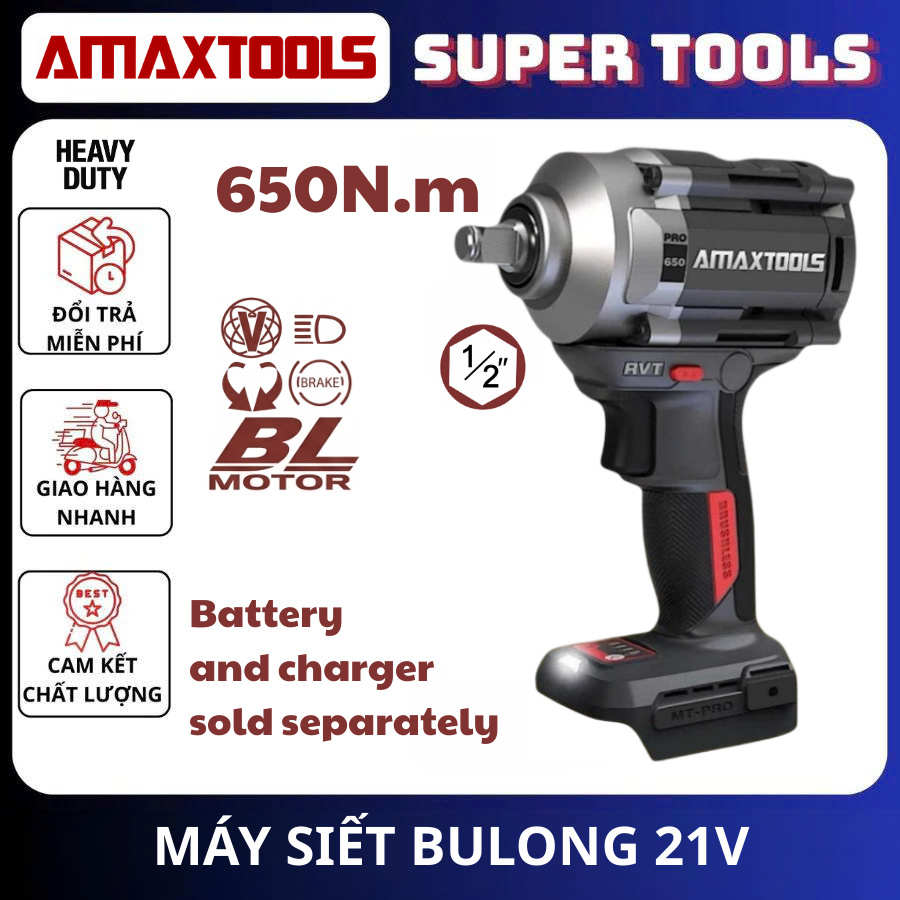 AMAXTOOLS Thân Máy Siết Bulong Không Chổi Than dùng pin 21V ABL65012SM-PRO