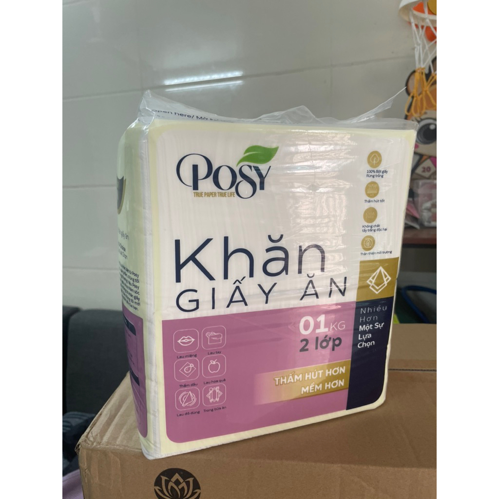 Khăn giấy ăn Posy, khăn giấy xếp Posy 2 lớp loại 1kg. Khổ giấy vuông to, dai mềm mịn.