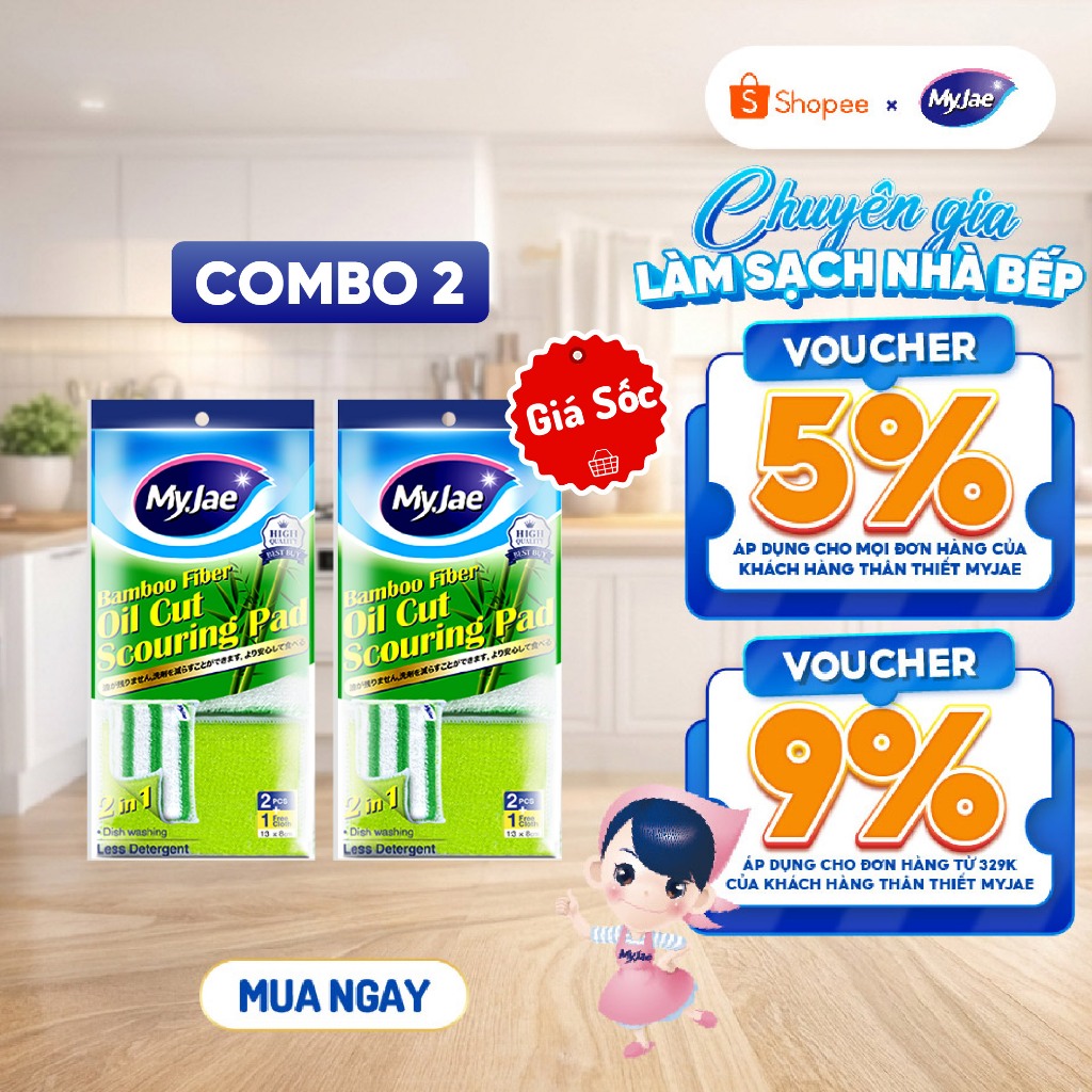 COMBO 2 Miếng rửa chén đa năng sợi tre MyJae, miếng rửa chén chống xước 2 mặt, siêu bền đánh bay dầu